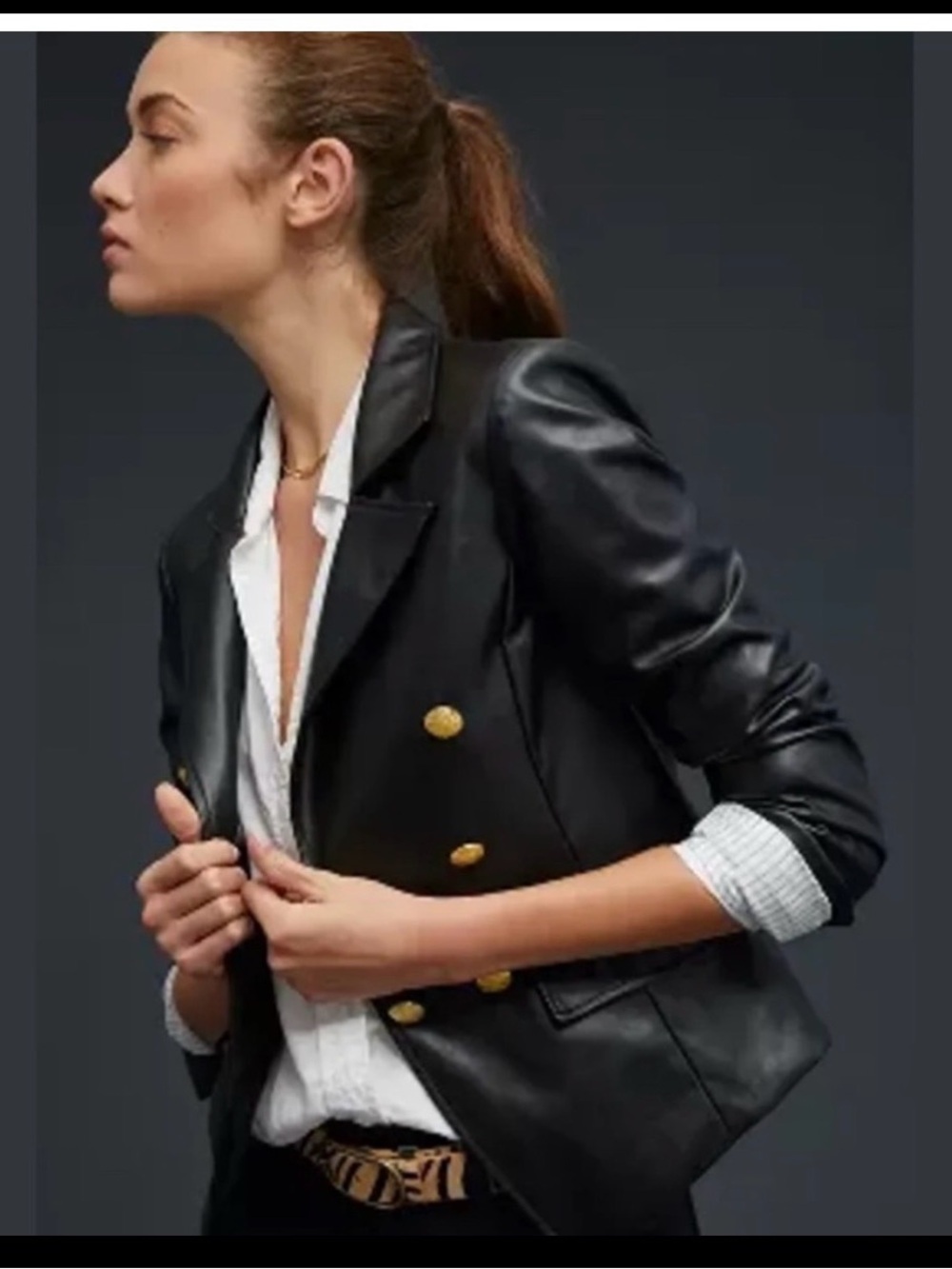 Anthropologie Black Faux Leather Double-Breasted Blazer with Gold Buttons - Picture 2 of 4